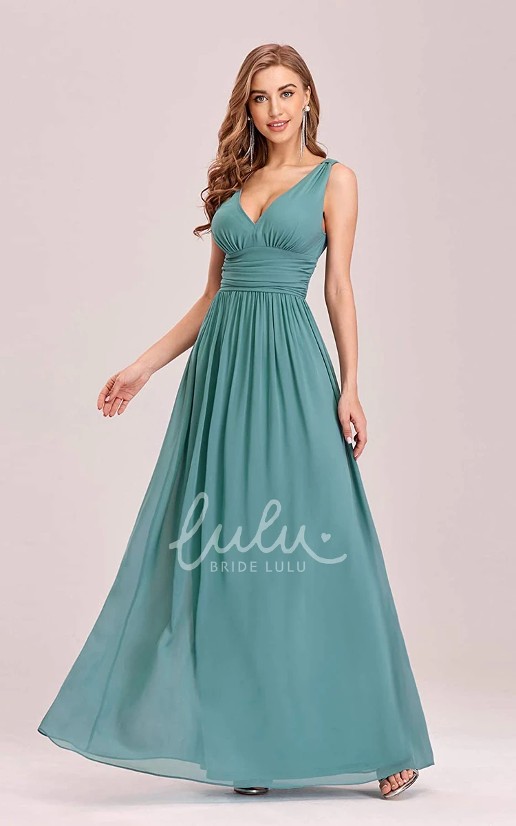 Romantic Chiffon V-neck A-line Prom Dress with Ruffles and Sleeveless Bridesmaid Dress