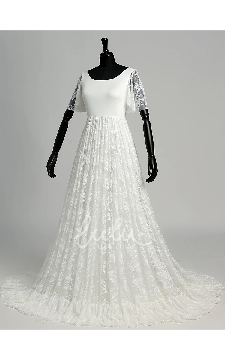 Satin Lace A-line Wedding Dress with Illusion Scoop Neck and Short Sleeves