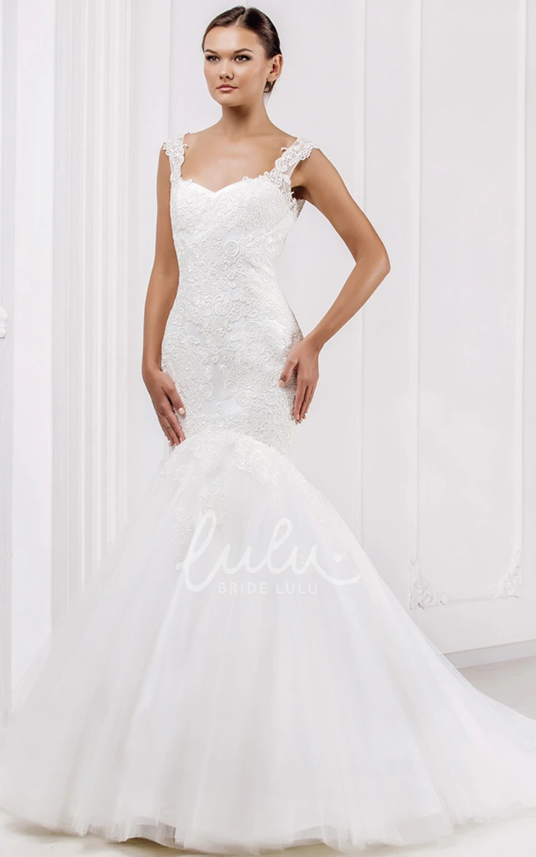 Mermaid Tulle&Lace Wedding Dress with Illusion Back and Court Train Modern Wedding Dress