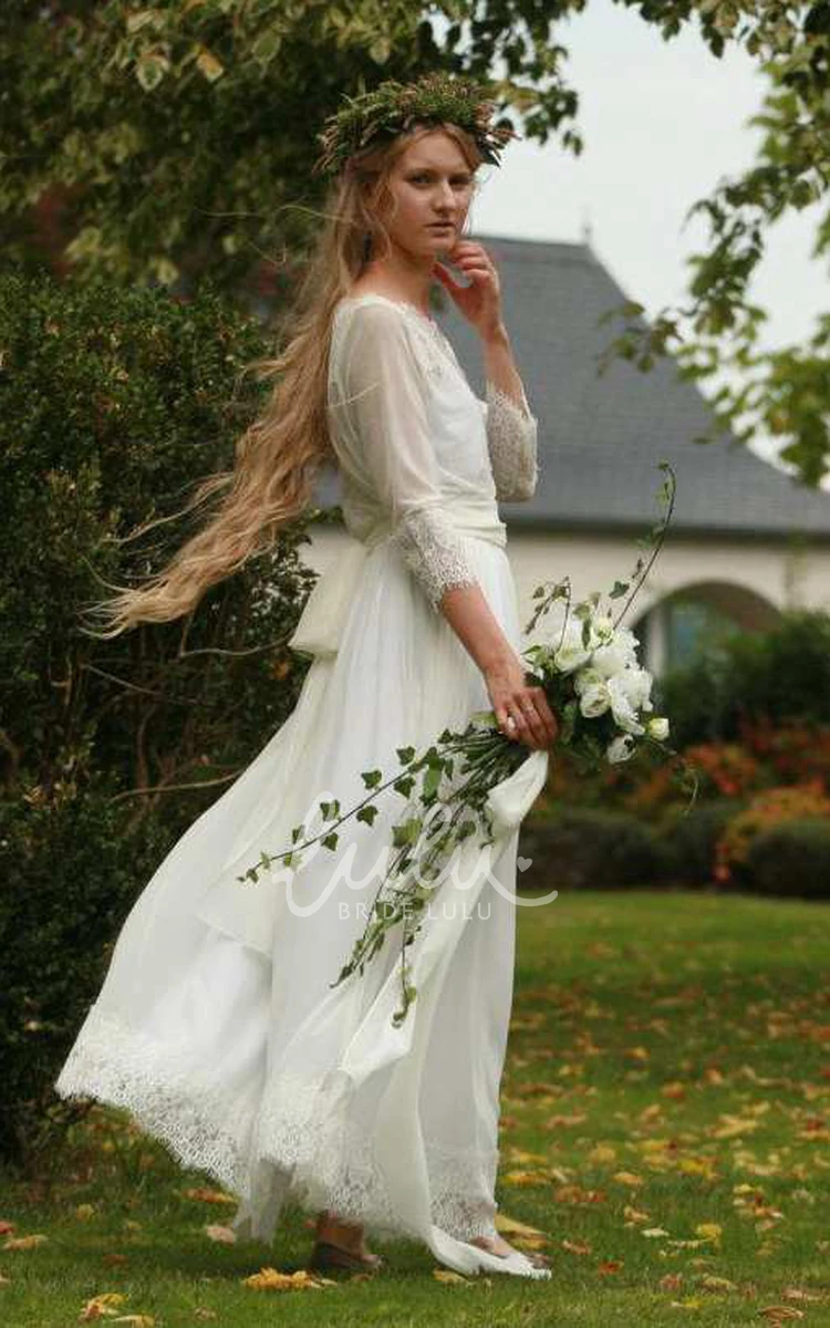 Lace Chiffon Pleated Wedding Dress with Long Sleeves Bateau Bridal Gown