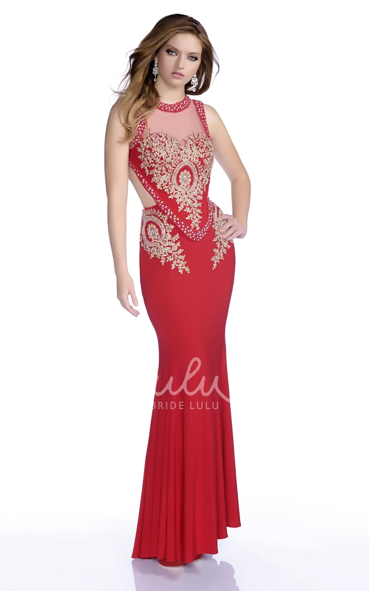 Rhinestone Mermaid Sleeveless Jersey Prom Dress with Keyhole Back