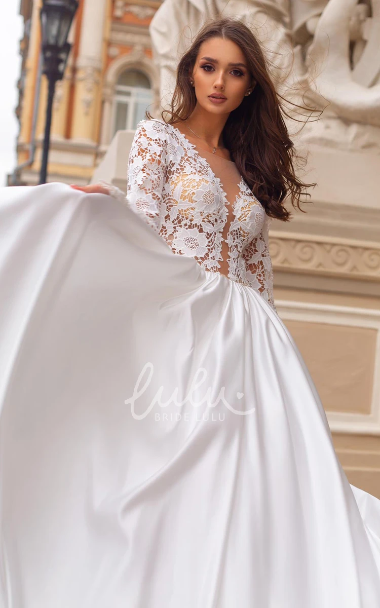 Simple Satin Lace Ball Gown Wedding Dress with V-Neckline and Floor-Length