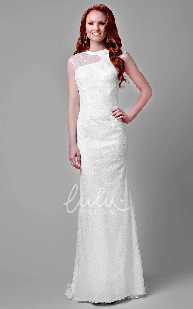 Cap Sleeve Lace Sheath Wedding Dress with Illusion Neckline Elegant Bridal Gown