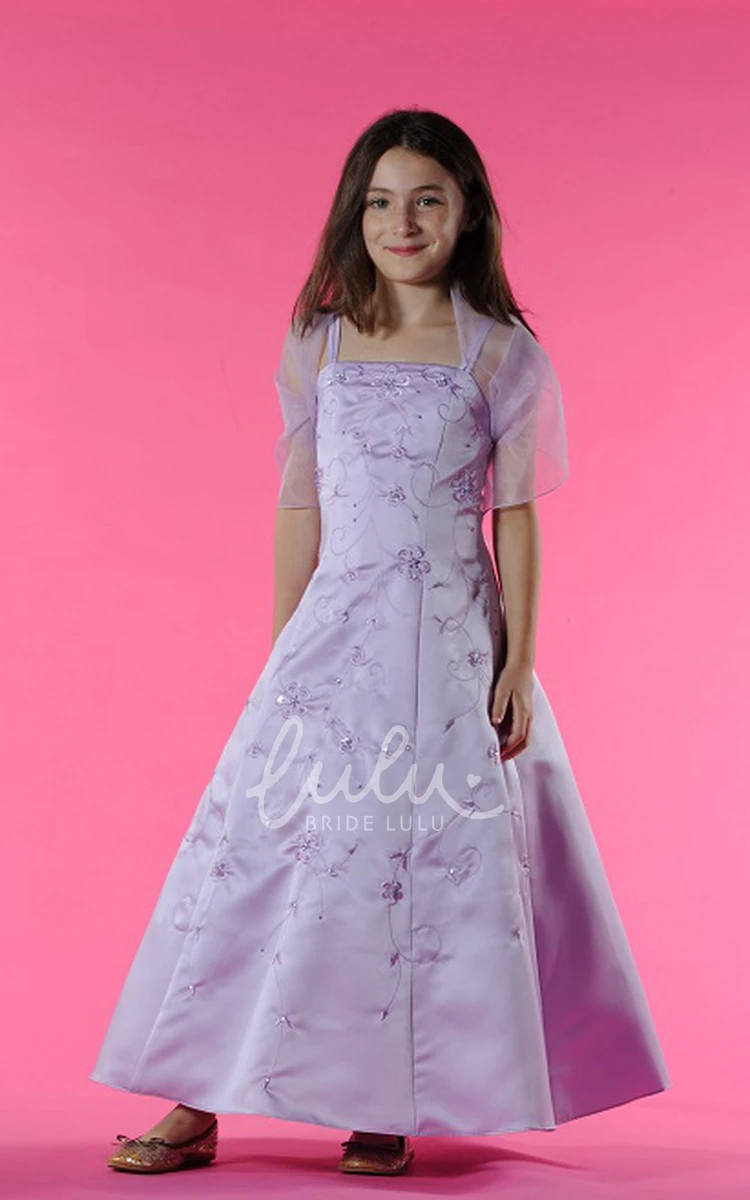 A-line Satin Long Dress with Embroidery for Flower Girls