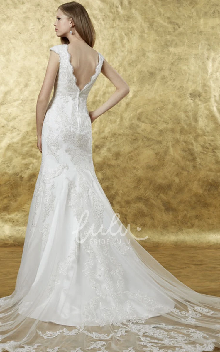 Trumpet Cap-Sleeve Lace Wedding Dress with Applique Bateau Neck and Chapel Train