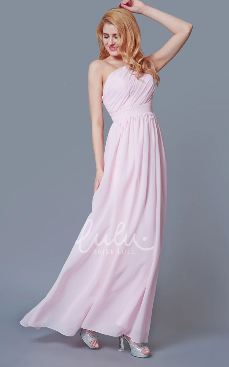 One Shoulder Chiffon Gown with Sash Modern Bridesmaid Dress