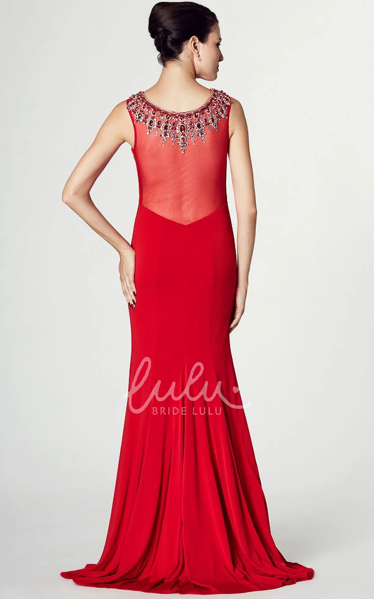 Sleeveless Beaded Bateau Neck Jersey Prom Dress with Brush Train Elegant Prom Dress 2025