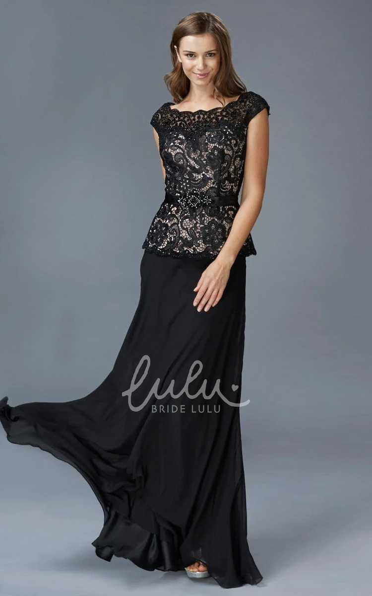 Lace Applique Cap-Sleeve Sheath Formal Dress with Chiffon