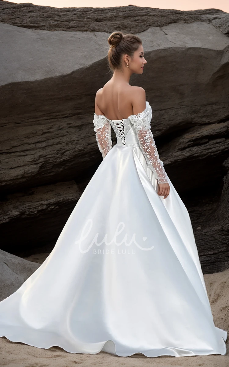 Romantic Modest A-Line Long Sleeve Ball Gown Wedding Dress Modern Princess Off-Shoulder Illusion Sequined Satin Bridal Gown