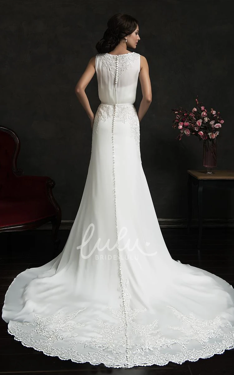 Chiffon Lace A-Line Sweep Train Wedding Dress with Bell Pleats and Jewels