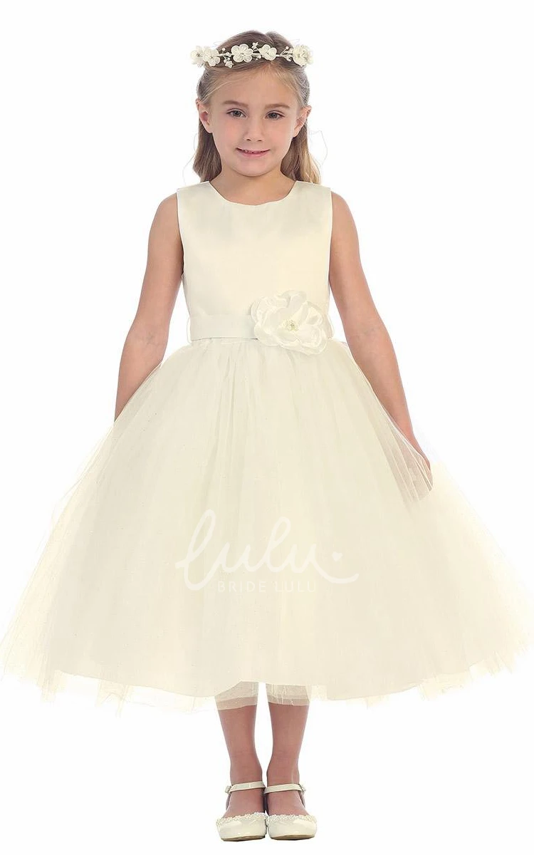 Floral Tiered Tulle&Satin Tea-Length Flower Girl Dress with Embroidery Boho Beach Wedding Dress