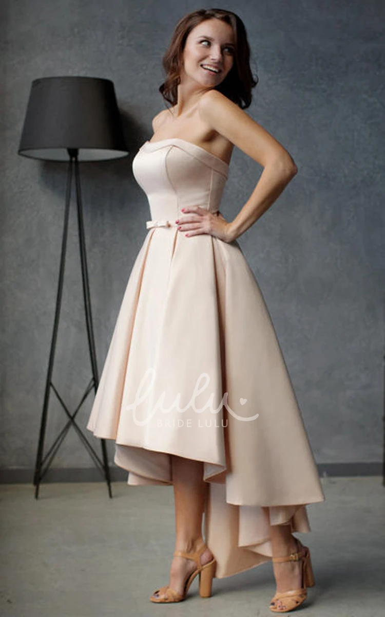 Strapless Satin High-Low Formal Dress A-Line Pleats Ruffles Sleeveless