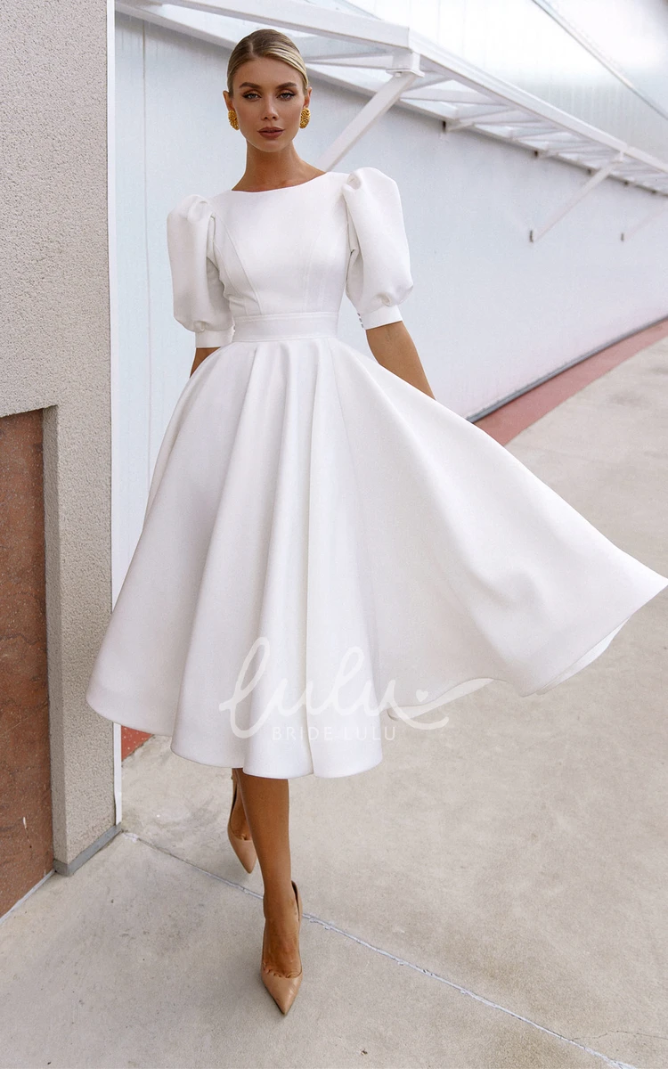 Satin A Line Knee-length Wedding Dress with Bateau Neckline