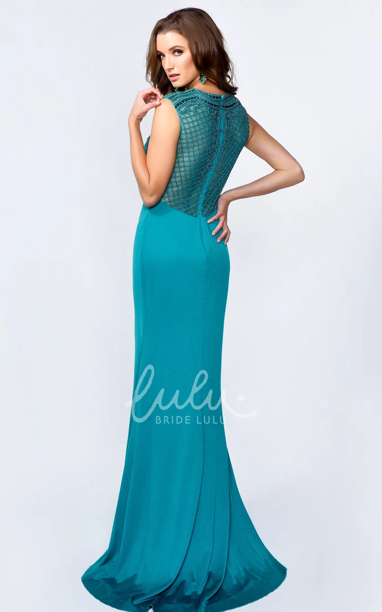 Long Sleeveless Sheath Formal Dress with Jewel-Neck and Beading