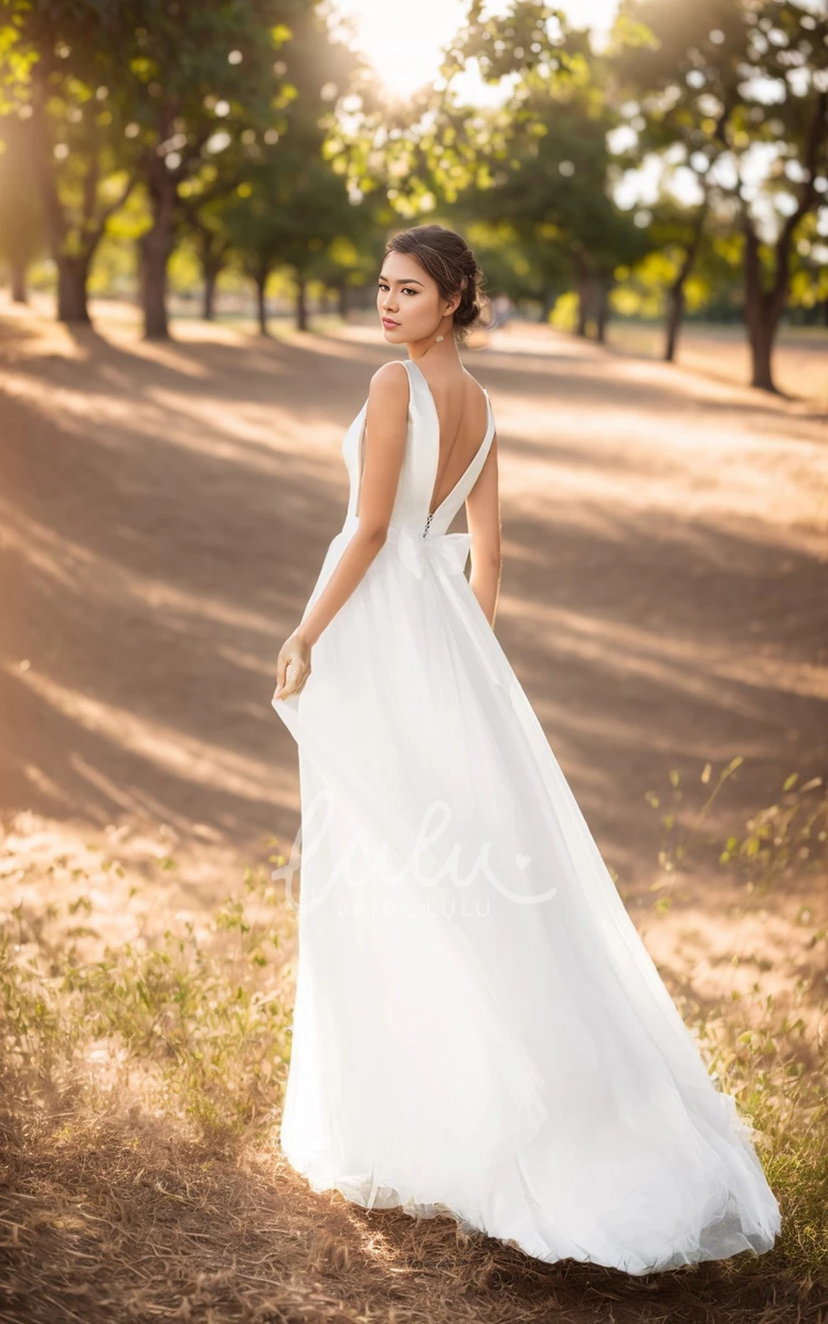 A-Line Straps V-neck Simple Wedding Dress Elegant Sleeveless with Bow Gown