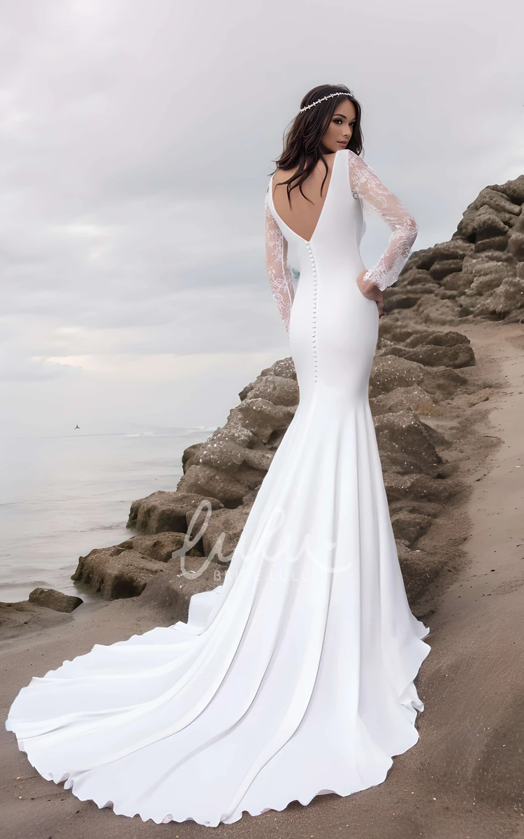 Spring Beach Simple Mermaid Satin Long Sleeve Wedding Dress Modern Flowy Elegant Boat Neckline Button Back Floor Length Bridal Gown with Chapel Train