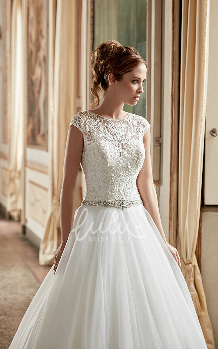 Tulle and Lace A-Line Wedding Dress with Cap Sleeves and Waist Jewelry