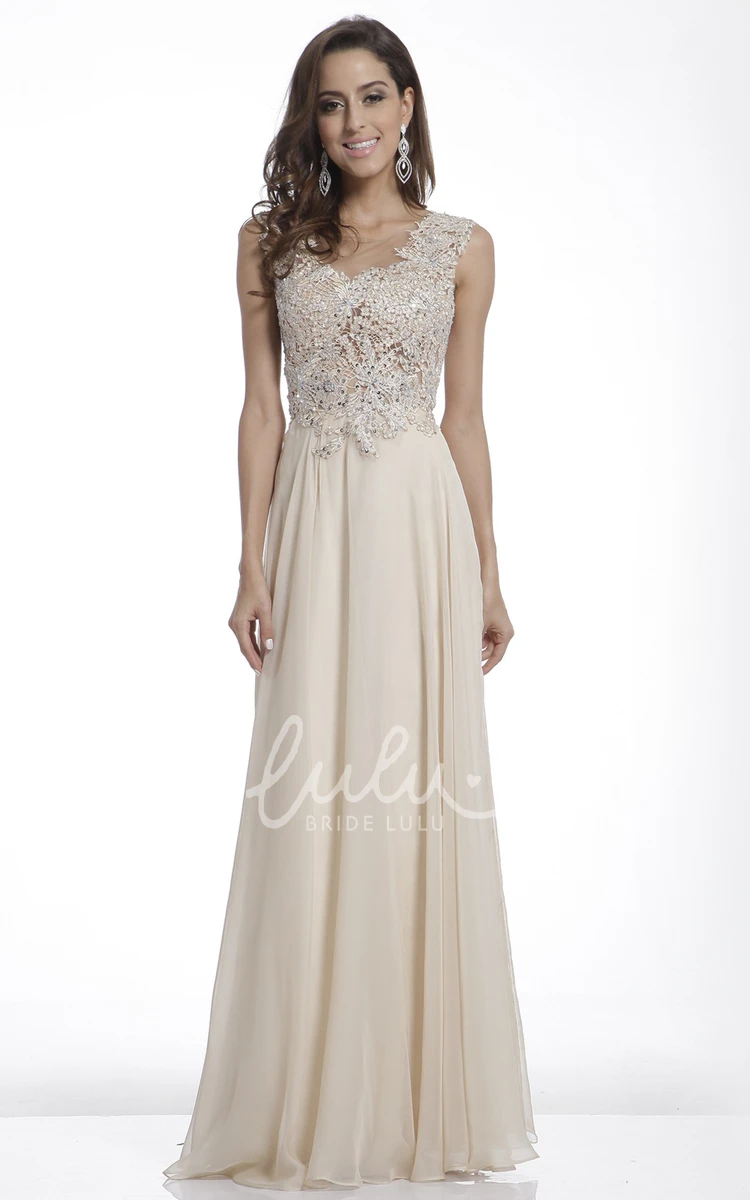 A-Line Chiffon Dress with Appliques and Pleats Scoop-Neck Bridesmaid Dress