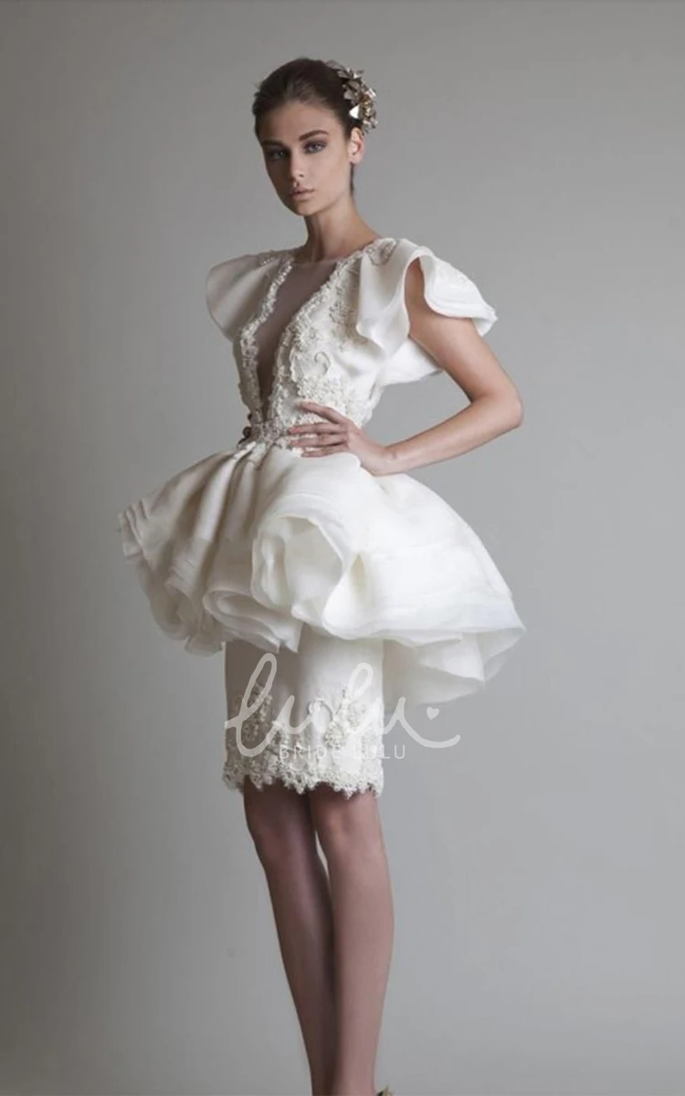 Jewel Peplum Organza Lace Homecoming Dress Short Sleeve Sheath Knee-length Appliques Ruffles