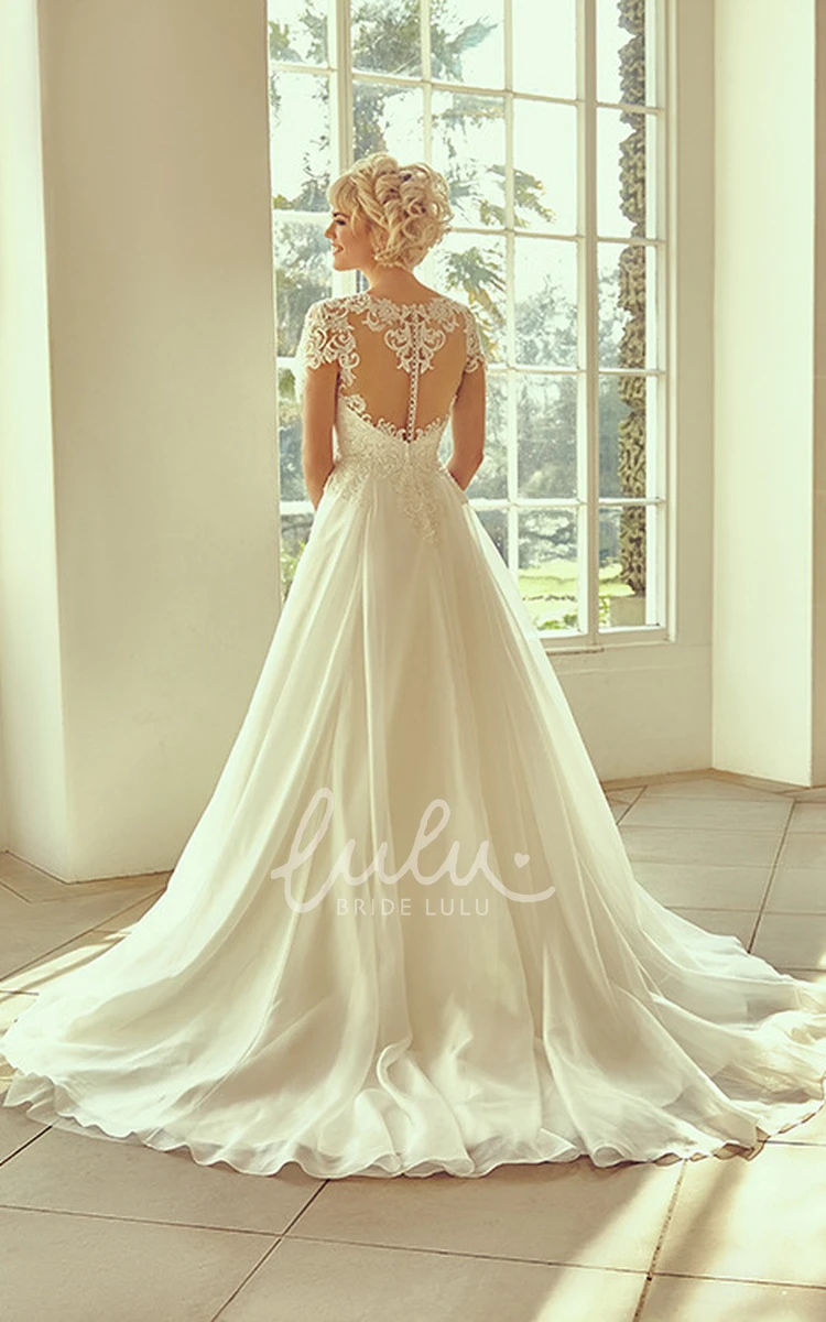 Lace Cap-Sleeve Wedding Dress with Notched Neckline Elegant Bridal Gown