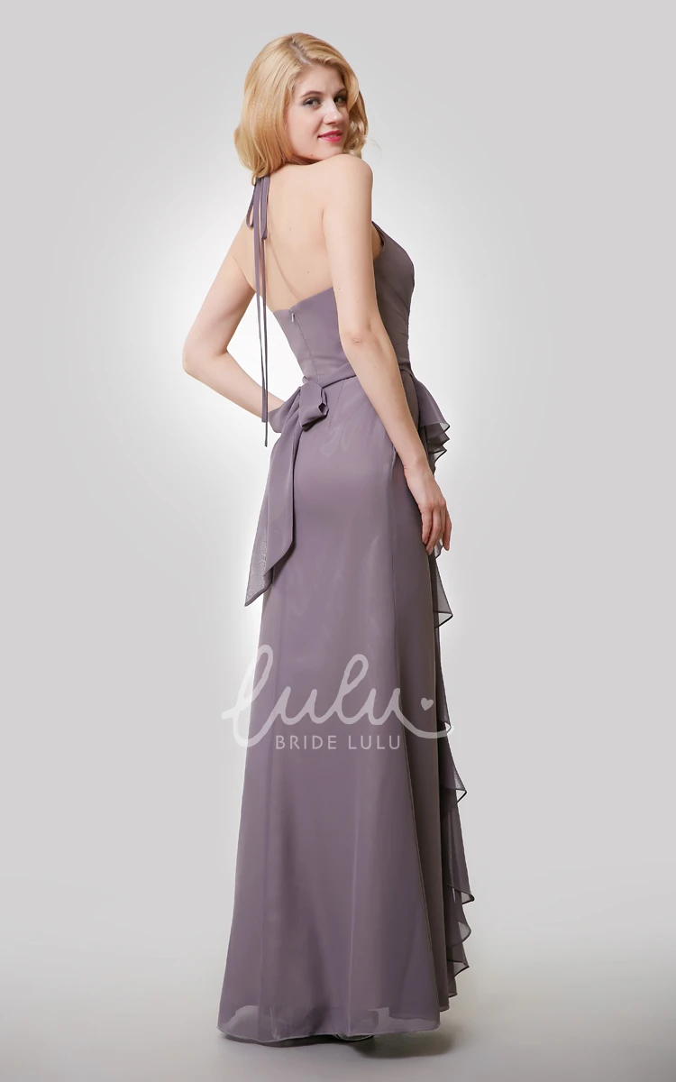 Long Chiffon Bridesmaid Dress with Side Draping and Spaghetti Straps