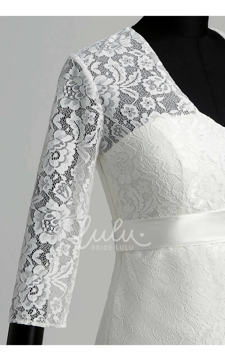 Maternity Wedding Dress Lace A-line V-neck Illusion 3/4 Length Sleeve Ruched