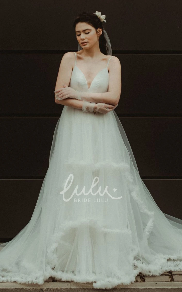 Romantic Tulle A Line Wedding Dress with Tiers and Spaghetti Neckline