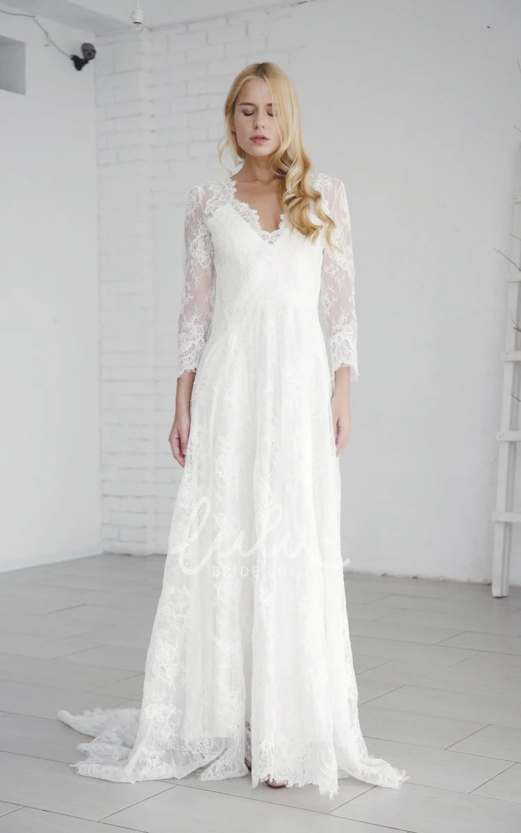 Long Sleeve Lace Wedding Dress with V-neck and Deep V-back Elegant A-line Long Sleeve Wedding Dress