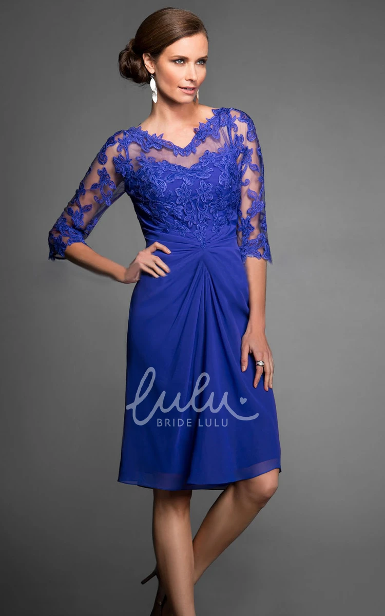 Knee-Length Mother Of The Bride Dress With Appliques V-Neck Sleeves