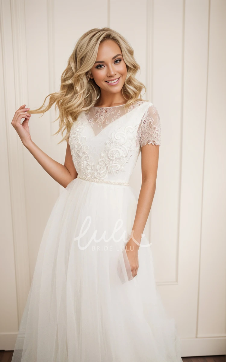 Modest Simple Bohemian Lace A-Line Tulle Wedding Dress Sexy Ethereal Boat Neck Backless Short Sleeve Bridal Gown with Sweep Train