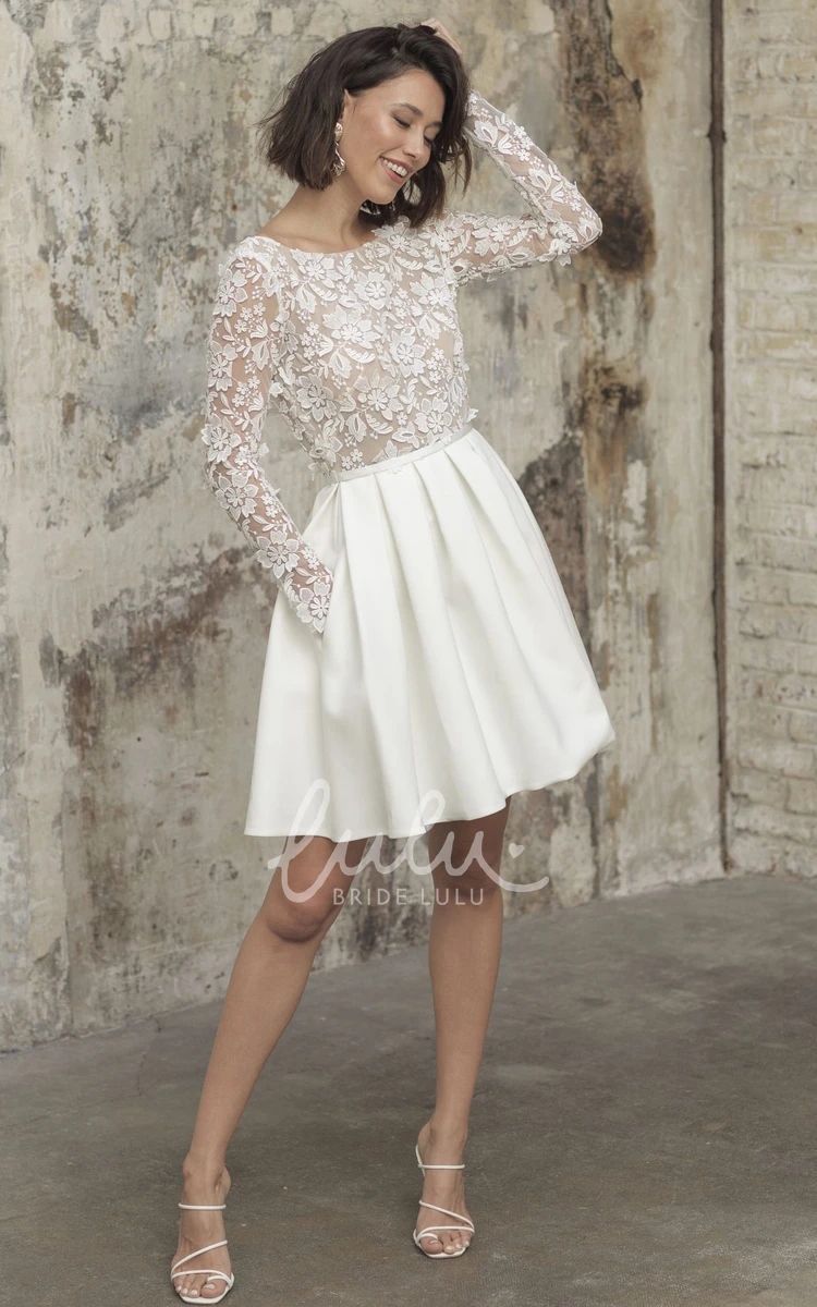 Satin Lace Bateau A-line Knee-length Wedding Dress with Open Back and Appliques