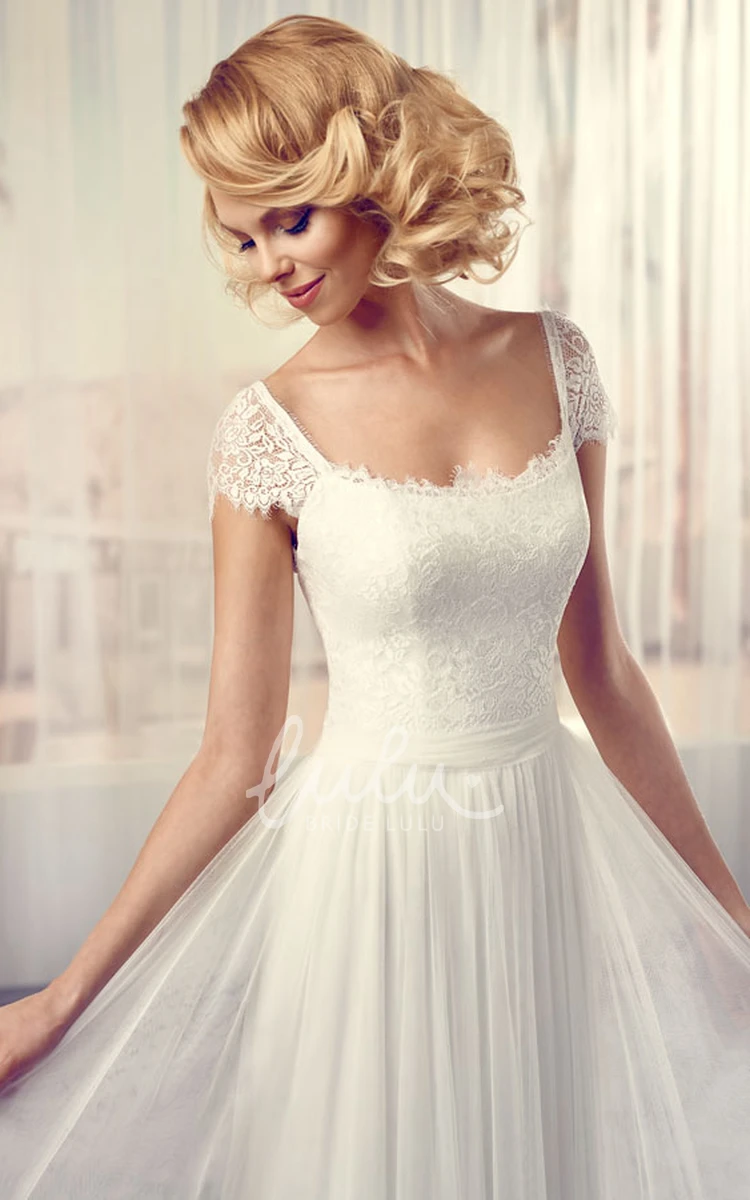 Lace Chiffon Wedding Dress with V-Back and Cap-Sleeves Long Square Style