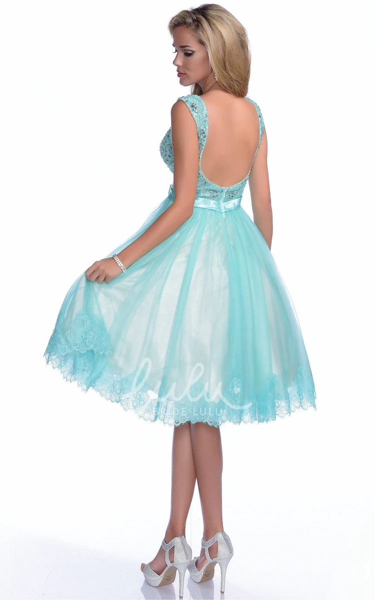 V-Neck Sleeveless A-Line Prom Dress with Jeweled Bodice and Lace Trim
