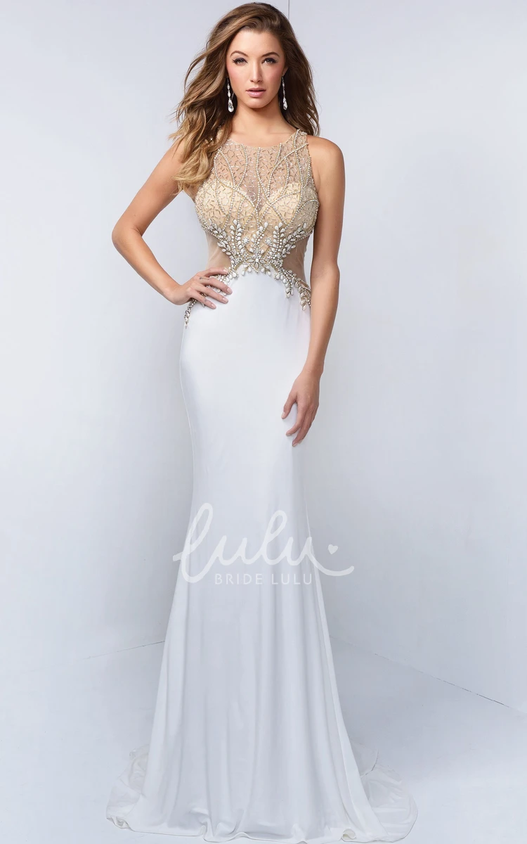 Sleeveless Sheath Jersey Dress with Beading and Illusion Neckline