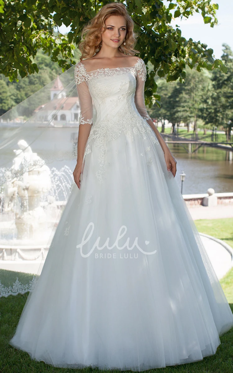 Ball Gown Tulle Wedding Dress with Square Neckline Appliques and Corset Back