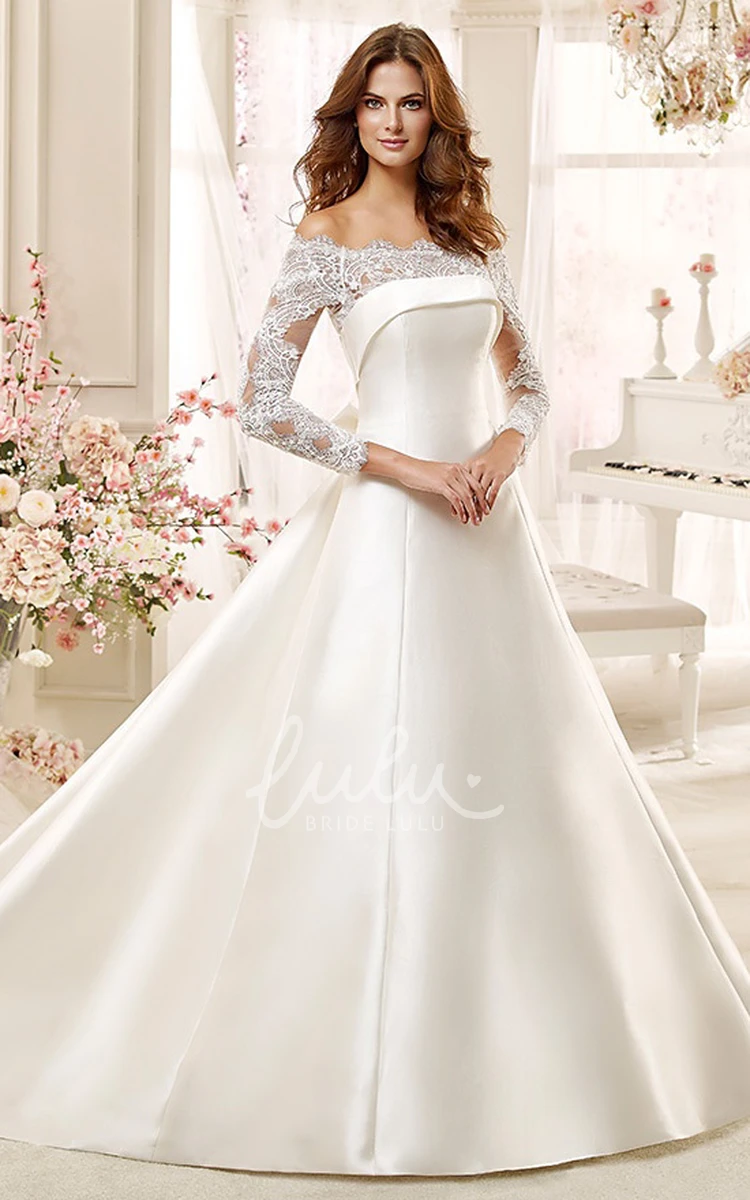 Off-Shoulder Satin A-Line Wedding Dress with Lace Sleeves
