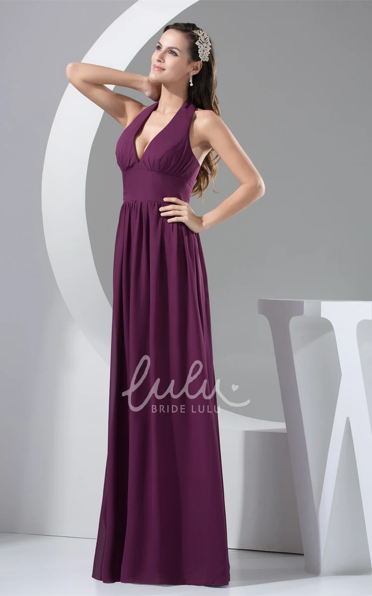 Halter Maxi Formal Dress with Pleats and Backless Design Flowy A-Line Dress