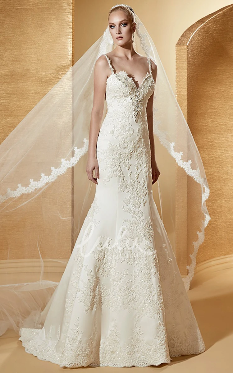 Beaded Lace Sheath Wedding Dress with Spaghetti Straps