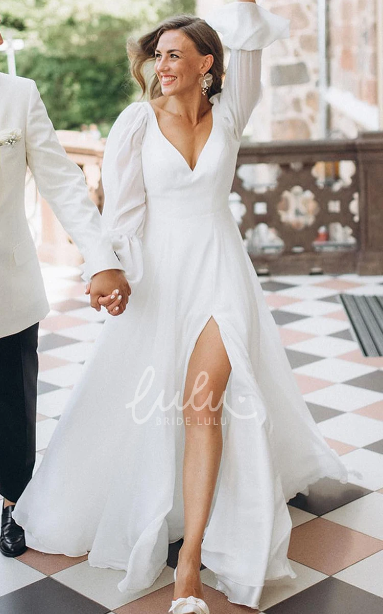 Chiffon Plunging Neckline Wedding Dress with Split Front Sexy & Flowy A-Line