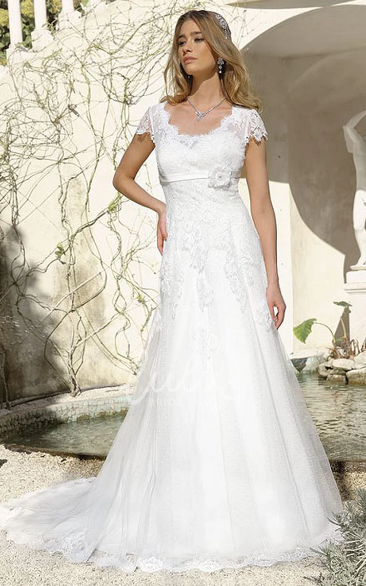 Lace Cap-Sleeve V-Neck A-Line Wedding Dress with Keyhole Classic Bridal Gown