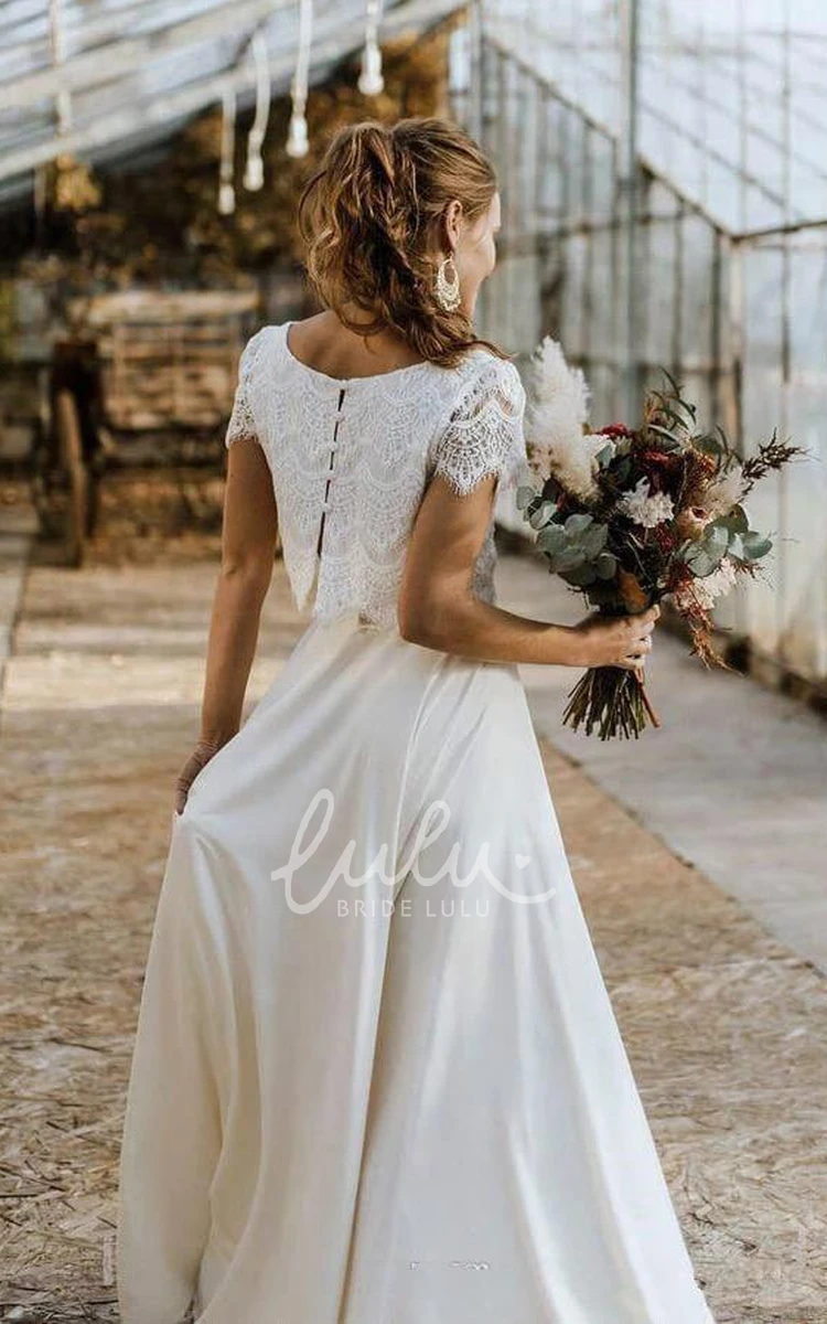 Elegant Satin and Lace Two-Piece Wedding Dress Short Sleeve