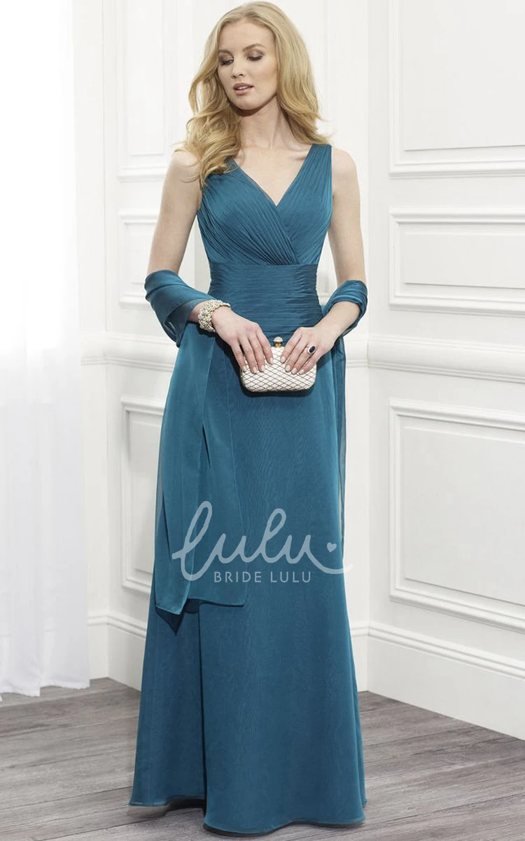 Sleeveless V-Neck Ruched Mother Of The Bride Dress with Appliques and Cape Elegant Formal Dress