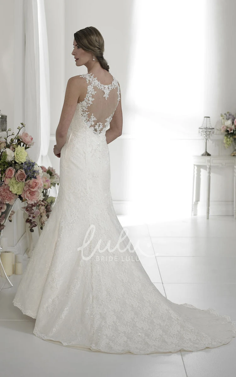 Appliqued Mermaid Lace Wedding Dress with Illusion Back and Watteau Train