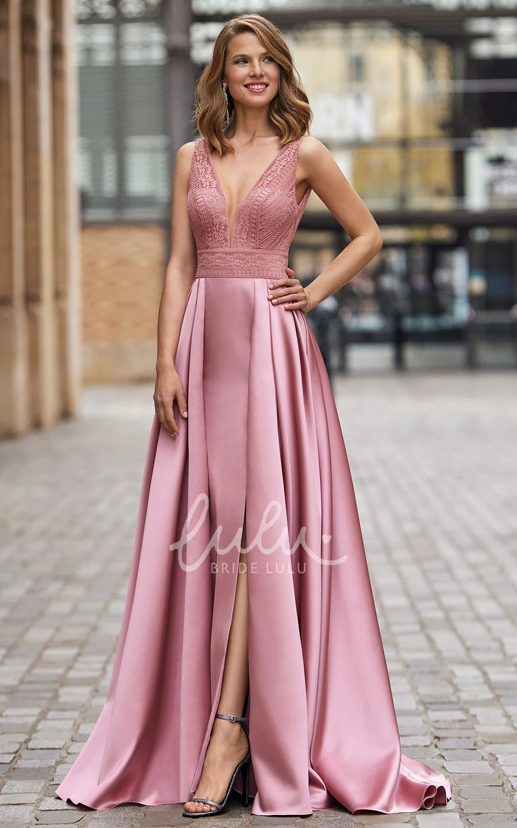 Plunging Neck Satin A-Line Evening Dress with Split Front Sexy Wedding Dress
