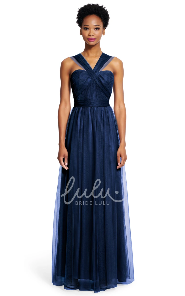 Strapped Sleeveless Tulle A-Line Bridesmaid Dress Long and Ruched with Sash