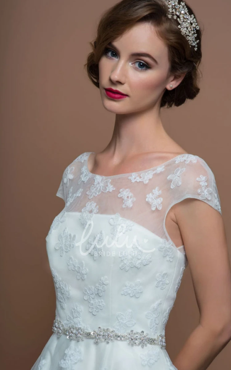 Jeweled Cap-Sleeve Tea-Length Tulle Wedding Dress A-Line