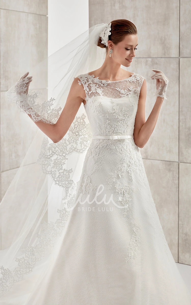 Lace Applique Illusion A-line Wedding Dress with Cap Sleeves