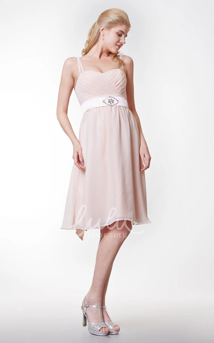 Knee-length Chiffon Dress with Spaghetti Straps Sash Beading and Bow