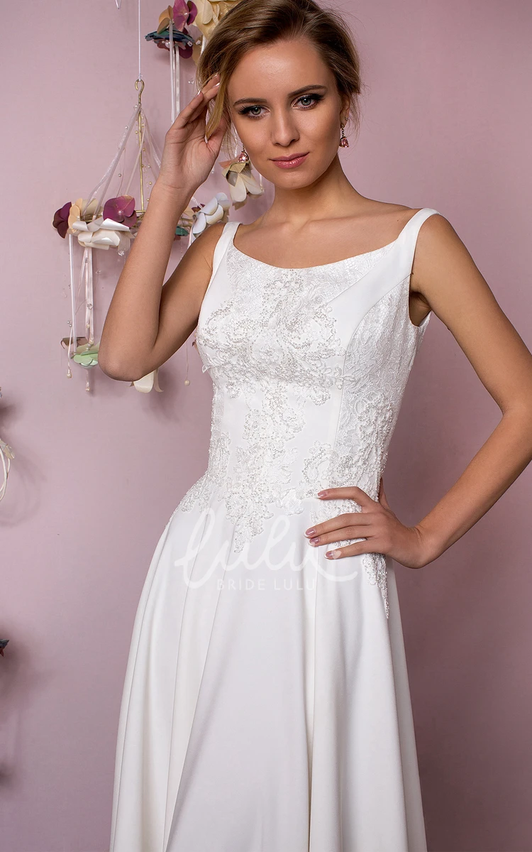 Lace Chiffon Sleeveless Sheath Wedding Dress with Low-V Back Elegant Bridal Gown