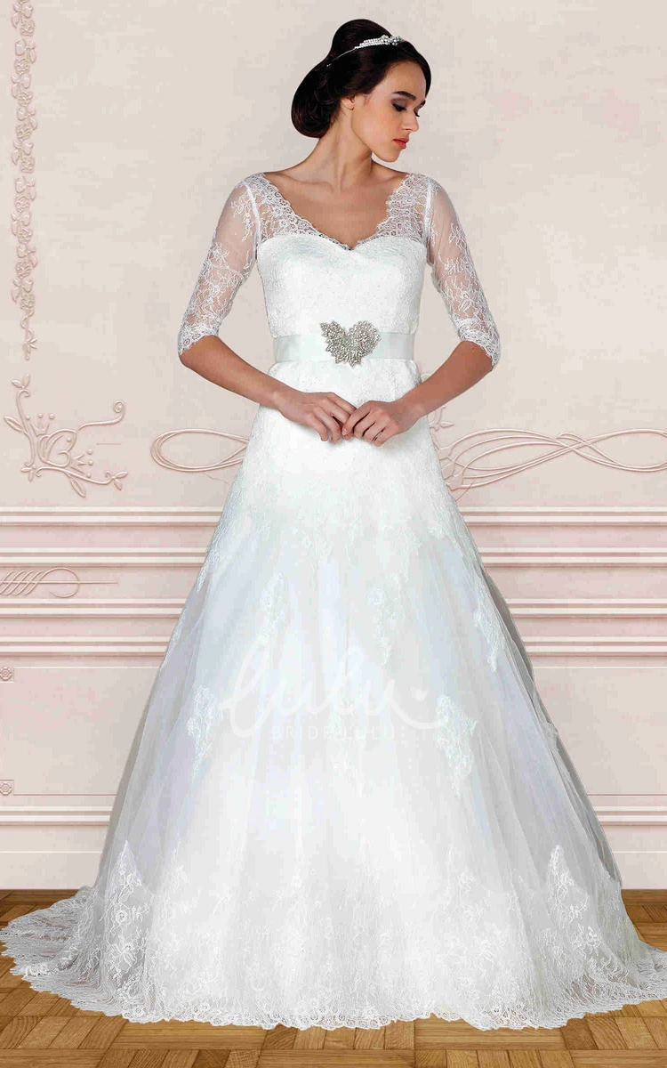 Lace V-Neck A-Line Wedding Dress with Bow Elegant Long Sleeve